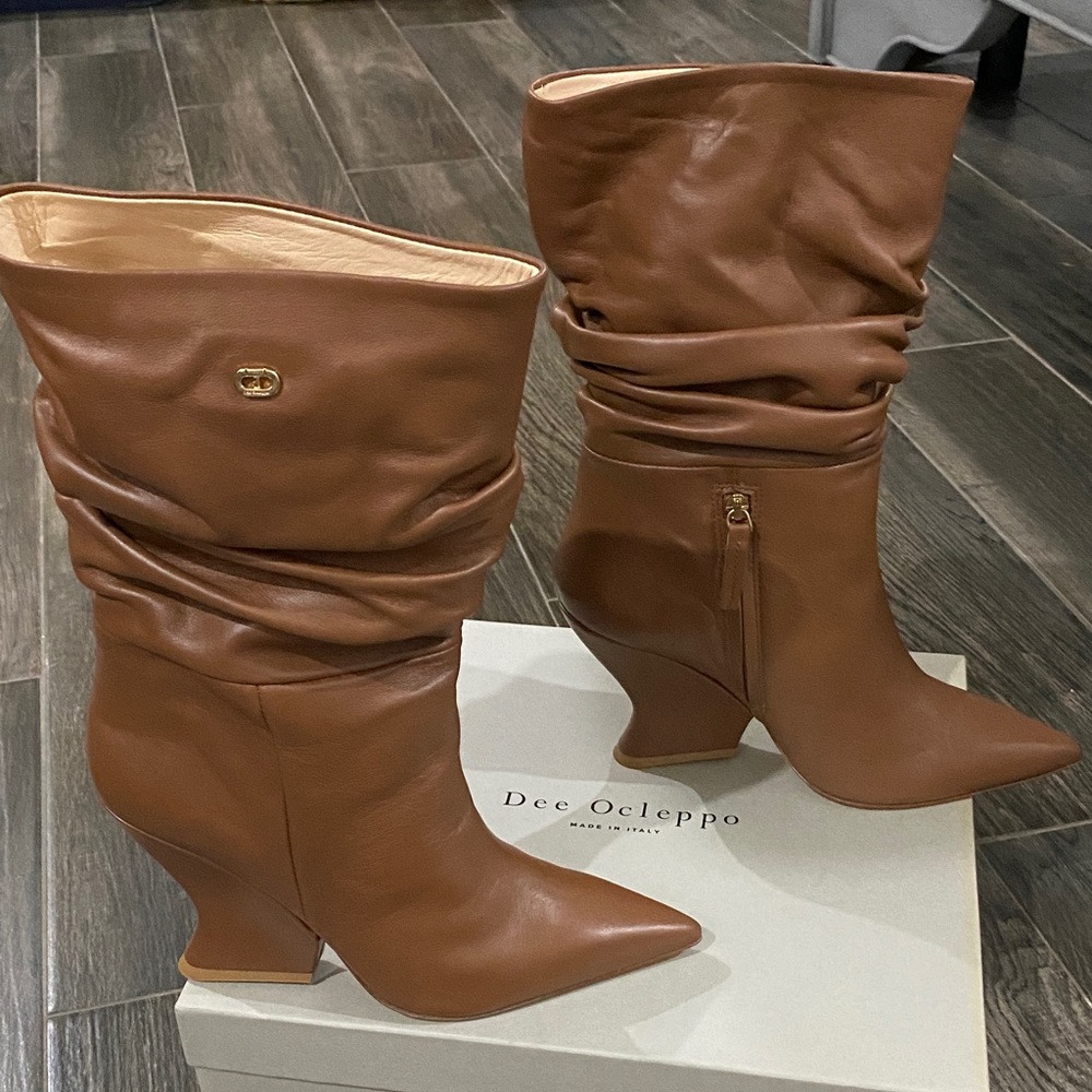 Dee Ocleppo Chestnut Slouch Leather Mid-Calf Heel Boots